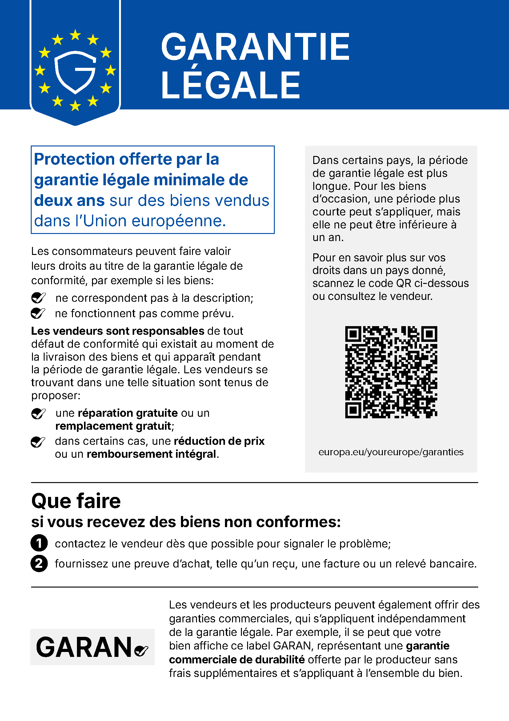Avis officiel de l'UE concernant la garantie légale